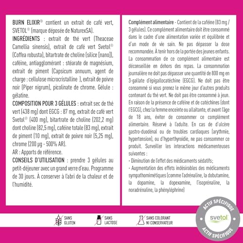 EAFIT MINCEUR - Burn Elixir - Bruleur de graisse puissant - Oxydation des Graisses - Cafeine - Piment - Poivre noir - Chrome - Choline - Thé vert - Adapté au sport - Marque Française - Végétarien - 90 Gélules – vue 2