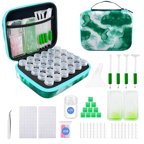 Image of 30 Slot Diamond Art Storage Box | Green Bead Organizer Case with Drill Tools, Portable Craft Box, For 5D DIY Art Kits
