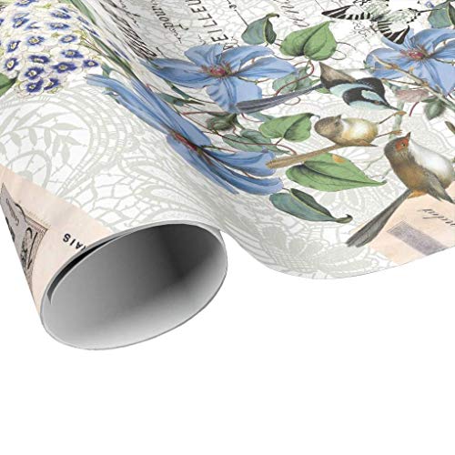 Blue clematis and birds gift wrap sheets - wrapping pap…