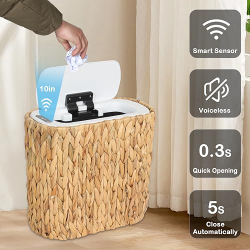 Image of Trongee Boho Kitchen Trash Can with Lid,3.5 Gallon Automatic Small Rattan Trash Can,Slim Wicker Motion Sensor Garbage Can and Hamper 2 in 1 for Bathroom,Narrow Waste Basket for Office, Living Room