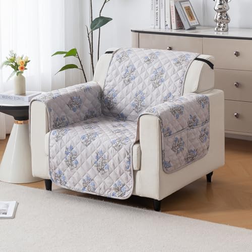 Image of House of Quirk 'Mughal Series' Anti-Slip Sofa Cover Mat with Pocket | Polyester Couch Protector for Pets, Kids & Spills (Beige Wildflower, 180x60cm, One Seater)