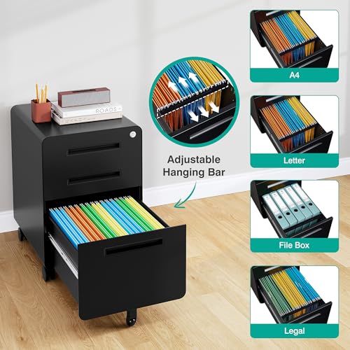Image of SISESOL 3 Drawer File Cabinet with Lock,Rolling File Cabinets,Under Desk File Cabinet,Three Drawer Filing Cabinet for Home Office with Wheels,Fit A4 /Letter /Legal File,Fully Assembled Except Casters
