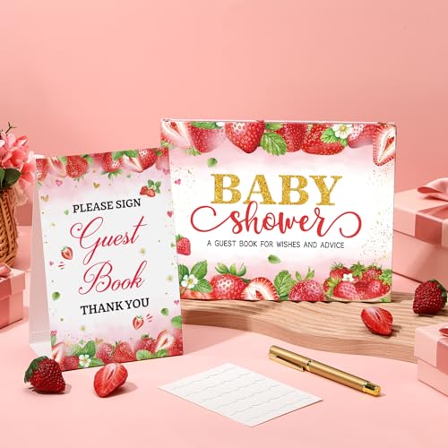 Image of Fuyoooo Strawberry Baby Shower Guest Book Baby Shower Sign in Guest Book Reception with Sonogram Page Keepsake Includes Gold Pen Table Card and Adhesive Photo Corner for Birthday