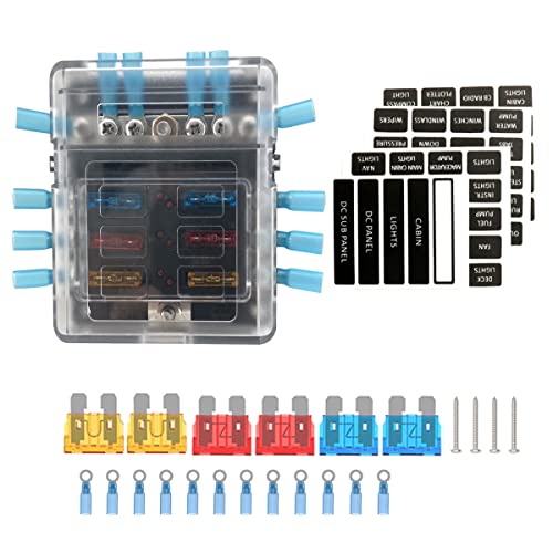 6 Way Fuse Block 12V - 32V,Automotive Fuses Block With Negative Busbar Marine Boat Rv Fuses Box Camper Car Power Distribution Block Heat Shrink Ring Connectors #TOP1