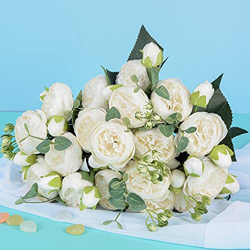 4Packs Artificial Peony Silk Flowers Fake Glorious Flower Bouquets for Wedding Party Bridal Home Decoration (White) image 6