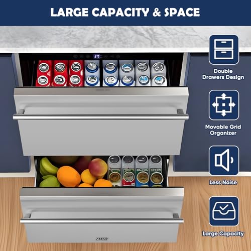 Image of 24 Inch Double Drawer Fridge, Stainless Steel Outdoor Beverage Refrigerator for Patio and Kitchen, Freestanding or Built-In, Mobile Grid Organizer, Home and Commercial Use