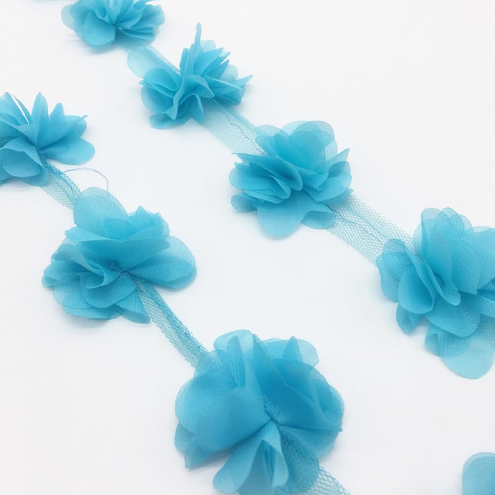 1yard 12pcs Flower Chiffon Cluster Flowers For Wedding Dress Bridal Fabric Lace Trim Fabric DIY Sewing Fabric,Light Blue