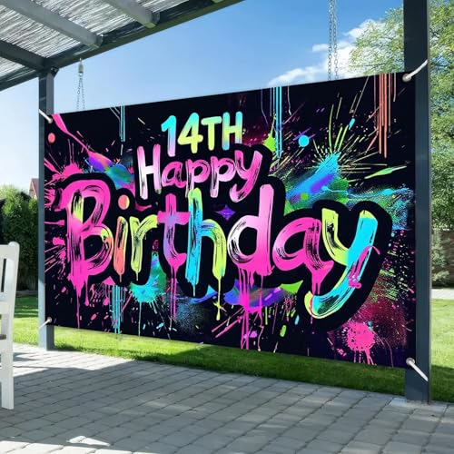 Image of HOMETITUTE Glow in The Dark 14th Birthday Banner 71x43 Inch Colorful Paint Splatter Backdrop for Teen Boys Girls Fourteenth Party Decorations Neon Wall Decor Celebration Photo Booth Props Supplies