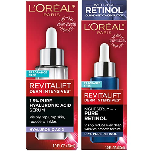 L'oreal Paris 1.5% Pure Hyaluronic Acid With Vitamin C And 0.3% Retinol Serum For Face Revitalift Derm Intensives Anti-Aging Skin Care Day Night Regimen #TOP1