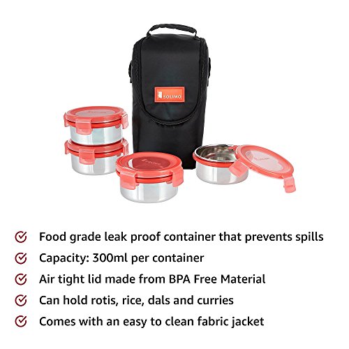 Image of Amazon Brand - Solimo Stainless Steel Lunch Box Set with Bag, 300ml, 11cm Diameter, 4-Pieces, Red Lid