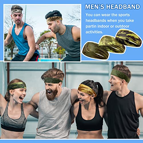 Image of 9 pcs Sweatbands for Men Workout Sport Headbands for Men Camo Headband Sweat Absorbing Headband Wide Sweatband for Head Basketball Football Cycling Running Yoga, 4.7 x 9.8 Inch