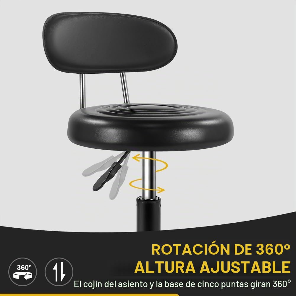 Taburete giratorio con ruedas, silla giratoria con altura ajustable, de piel sintética, ideal para spa, salón, hogar, oficina, trabajo de dibujo (negro)