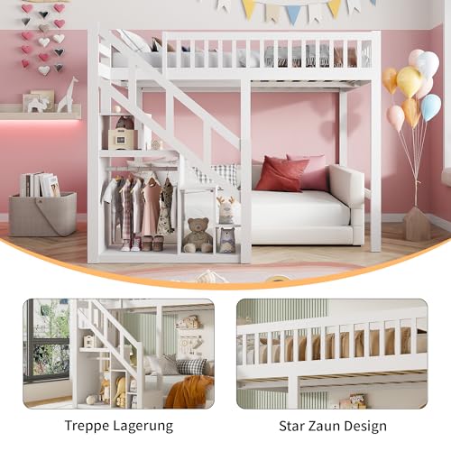 Kinderbett Etagenbett 140x200, Hochbett 140 x 200 mit Treppe, Staurau, Gitter und Rausfallschutz, Hochbett für 2 Kinder, Jugendhochbett mit Lattenrost, Kiefer, Ohne Matratze (Weiß A01, 140x200)
