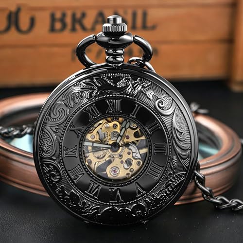 Image of Vintage Gold Double Sides Open Case Mechanical Men's Pocket Watch,Double Face Roman Dial Clock Hand Wind Pocket Watch for Men with FOB Chain