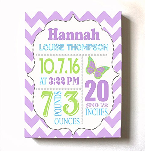 Personalized Stretched Canvas Birth Announcement Gift, Custom Baby Name, Date, Weight Stats, Newborn Butterfly Nursery Wall Art Decor, Wooden Frame Construction, Ready to Hang 20X24