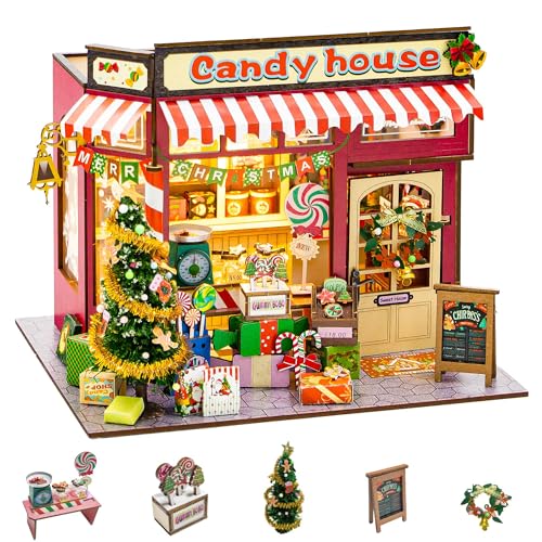 Flever DIY Miniature House Kit Tiny Home Kit with LED Light Mini House Build Craft Kits for Adults and Teens Home Decor Creative Gift for Family/Friends (Christmas Candy House)
