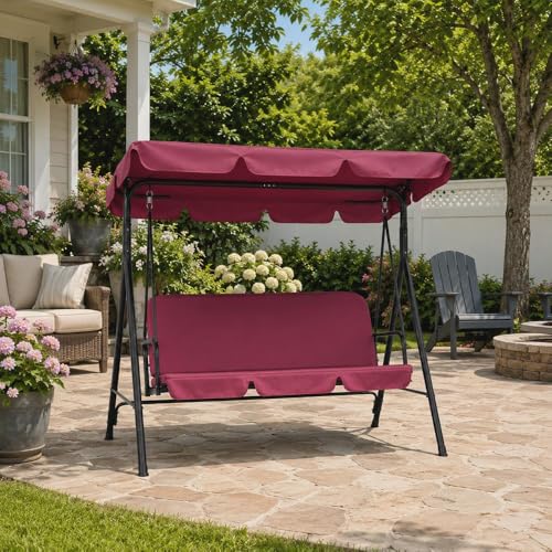 Image of Yaheetech 3-Seat Patio Swing Chair, Outdoor Canopy Swing with Adjustable Canopy & Removable Cushion, Hanging Lounge Chair for Patio, Garden, Yard, Porch - Burgundy | Outdoor Glider Swing, 550lb Capacity, Tilting Sunshade, Anti-Slip Pads, Weather-Resistant Fabric, Ez up, Sturdy A-Frame