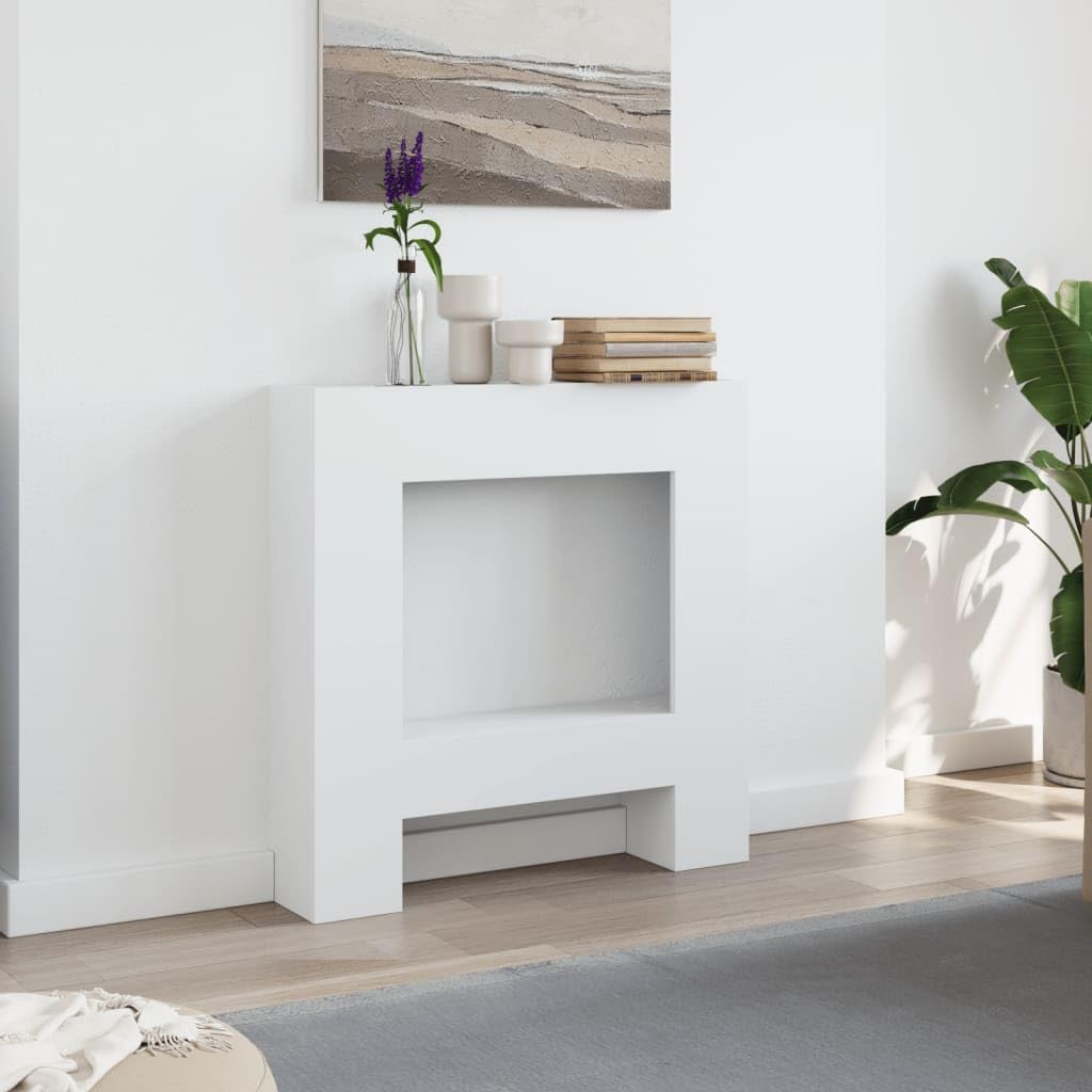 Repisa de chimenea blanca de madera 81 x 18 x 82 cm con estante para chimeneas eléctricas, accesorios para chimenea, accesorios de horno, seguridad y decoración para el salón