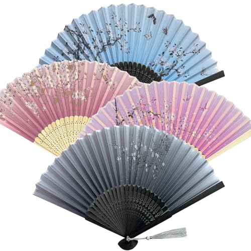 4 Stück Faltbare Fächer Handfächer,Bambusfächer mit Quaste,Holz Geschnitzten Bambus Handheld Faltfächer,Hand Fan Asiatische Deko für Wanddekoration,Geschenke