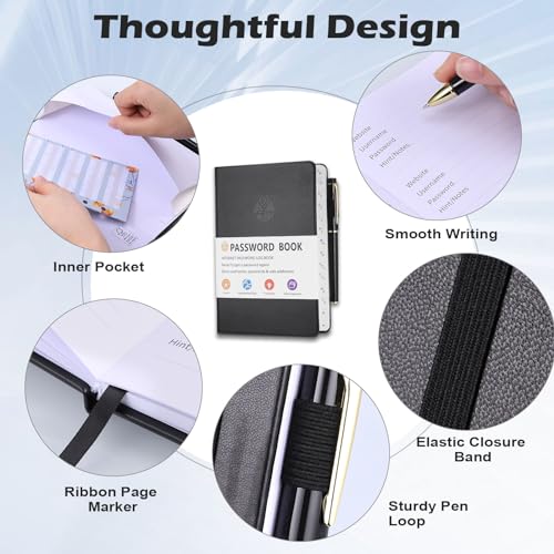 JIANTA Passwortbuch, Passwortbuch mit Register A-Z, und Gelstifte, Organizer für Websites, Benutzernamen und Passwörtern, Platz für 480 Passwörter, mit Stiftschlaufe, Gummiband, Innentasche(Schwarz)