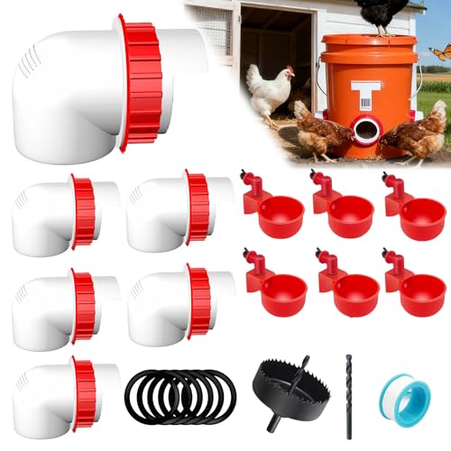 6-Port DIY Chicken Feeder and Waterer Kit No-Waste Automatic Gravity Poultry Feeder-Spill-Proof Rain-Proof Design for Buckets Barrels Bins Troughs