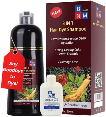 BNM Health Hair Dye Shampoo for Gray Hair – 3-in-1 Natural Color, Shampoo & Conditioner – Ammonia-Free, Long-Lasting – 500ml – Quick & Easy Coverage for Men & Women (Dark Brown)