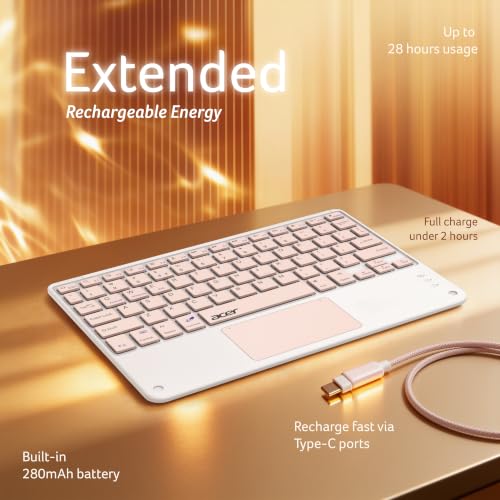Image of Acer Nano Pad Touch Wireless Keyboard with Built-in Touchpad | Bluetooth Multi-Device Support | 280mAh Rechargeable Battery | Ultra-Slim Portable Design for Windows, Android, iOS & Mac | Peach