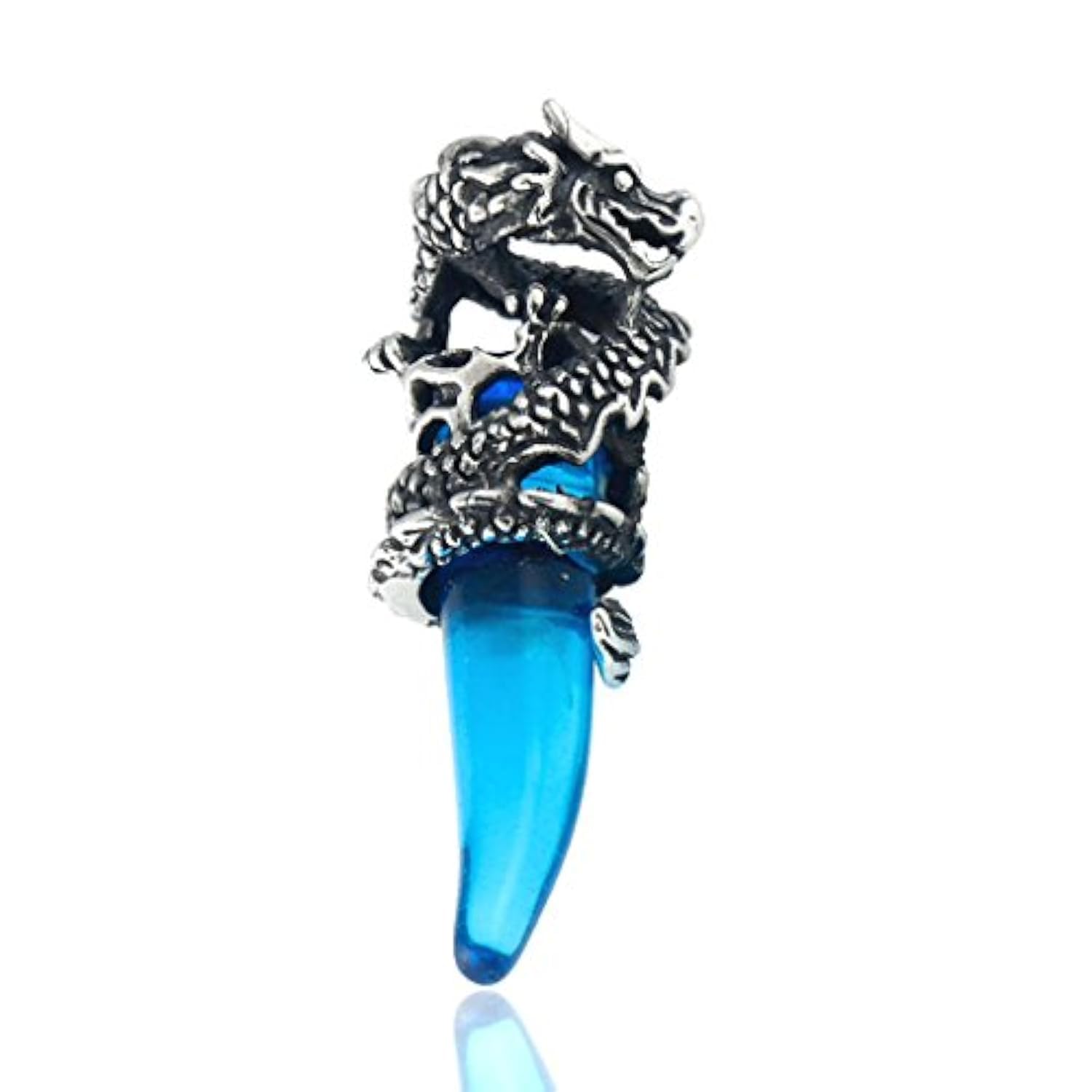 Mens Gothic Dragon Tooth Crystal Stainless Steel Pendant Necklace Crystal Blue Dragon Wolf Tooth Tribal