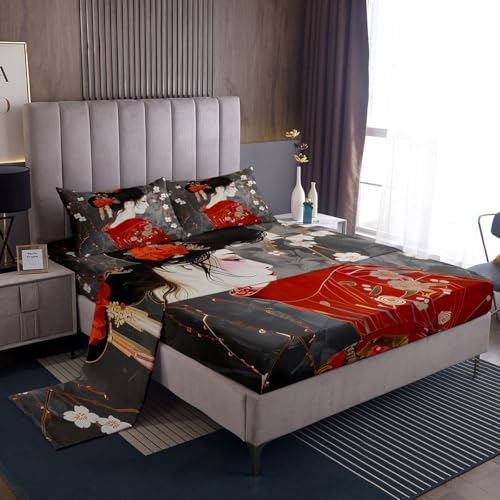Feelyou Kids Japan Geisha Sheet Set Queen Size Boys Girls Cherry Blossoms Sheets with Deep Pocket Fitted Sheet Japanese Style Bed Sheets Set Japanese Tradition Aesthetic Bedding Set