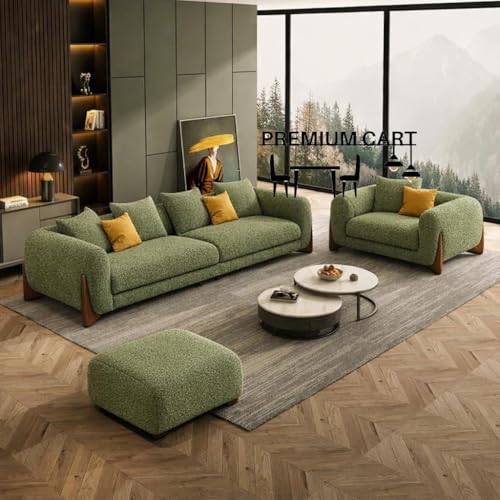 Image of Upholstered 3 Seater Sofa Three Seater Sofa with Wooden Legs for Living Room Hotels & Offices (3+1+Pufffy Boucle Green)
