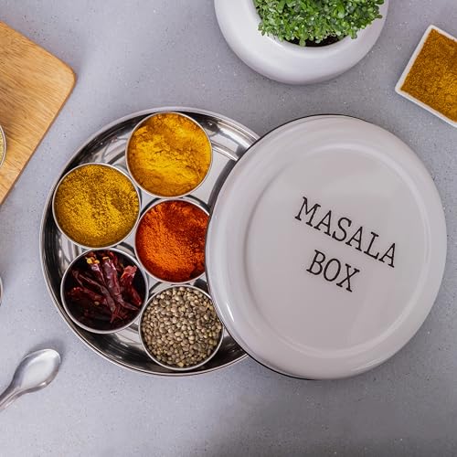 Image of Metallure Home Modern Stainless Steel Masala Box | Masala Dabba with 7 Containers and Spoon | Kitchen Spice Storage Container | Masala Dani (Spoon Included) | Handcrafted Aesthetic Design (Light Grey)