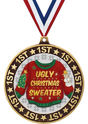 Ugly Christmas Sweater 1st Place Perimeter Medals and Trophies, 2.75" Gold Ugly Sweater Medal Awards, 10 Pack Prime
