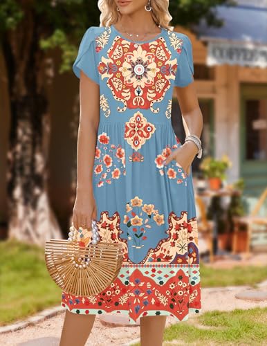 Image of HOTOUCH Women's Summer A-Line Midi Dresses 2026 Casual Floral Short Sleeve T-Shirt Dress Flowy Beach Sundress with Pockets