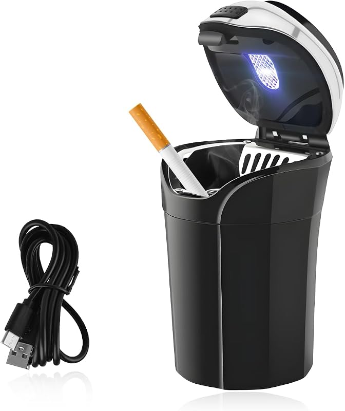 Car Ashtray with Lid, Stainless Smell Proof Ashtray with LED Light & Removable Lighter, Rechargeable Detachable Ash Tray Mini Trash Can for Most Vehicles, Car Accessories (Silver)