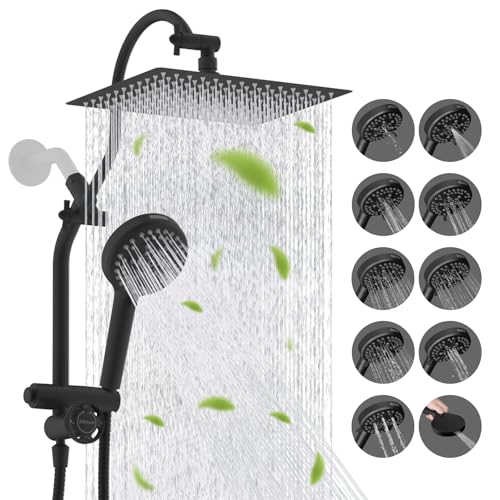 Image of Hibbent High Pressue All Metal 12 inch Rainfall Shower Head, Handheld 10-Spray | cUPC Certified Matte Black Dual Showerhead Combo, 4-way Diverter with Pause Mode, Brass Extension Arm, 71'' Hose & Holder