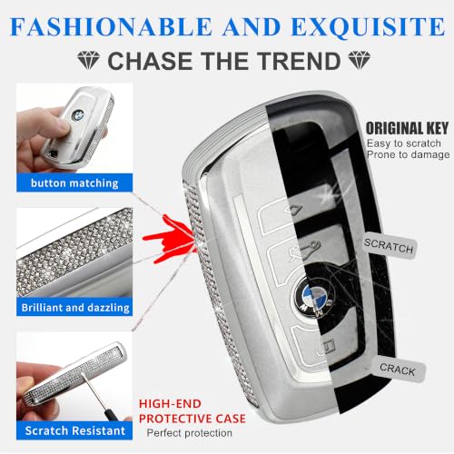 Image of Creativity For BMW X5 Key cover and Key chain accessories (Grey set) | TPU key box with Rhinestones is compatible with X1 X3 X4 X5 X6 1 2 4 5 6 7 M3 M5 M6 GT3 GT5 G30 F10 F15 F16 F20 key