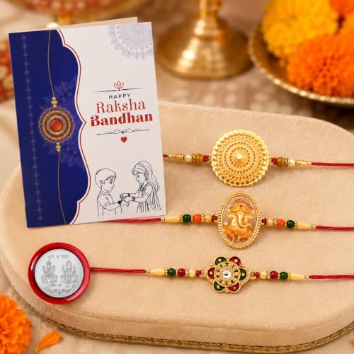 Image of Periapt Fancy Rakhi Set With Multicolor Floral Designs Pack Of 3 Designer Rakhis For Brothers Best Combo For Brothers Attractive Rakhi Set Of 3 - Perfect For Siblings Roli Chawal & Greeting Card