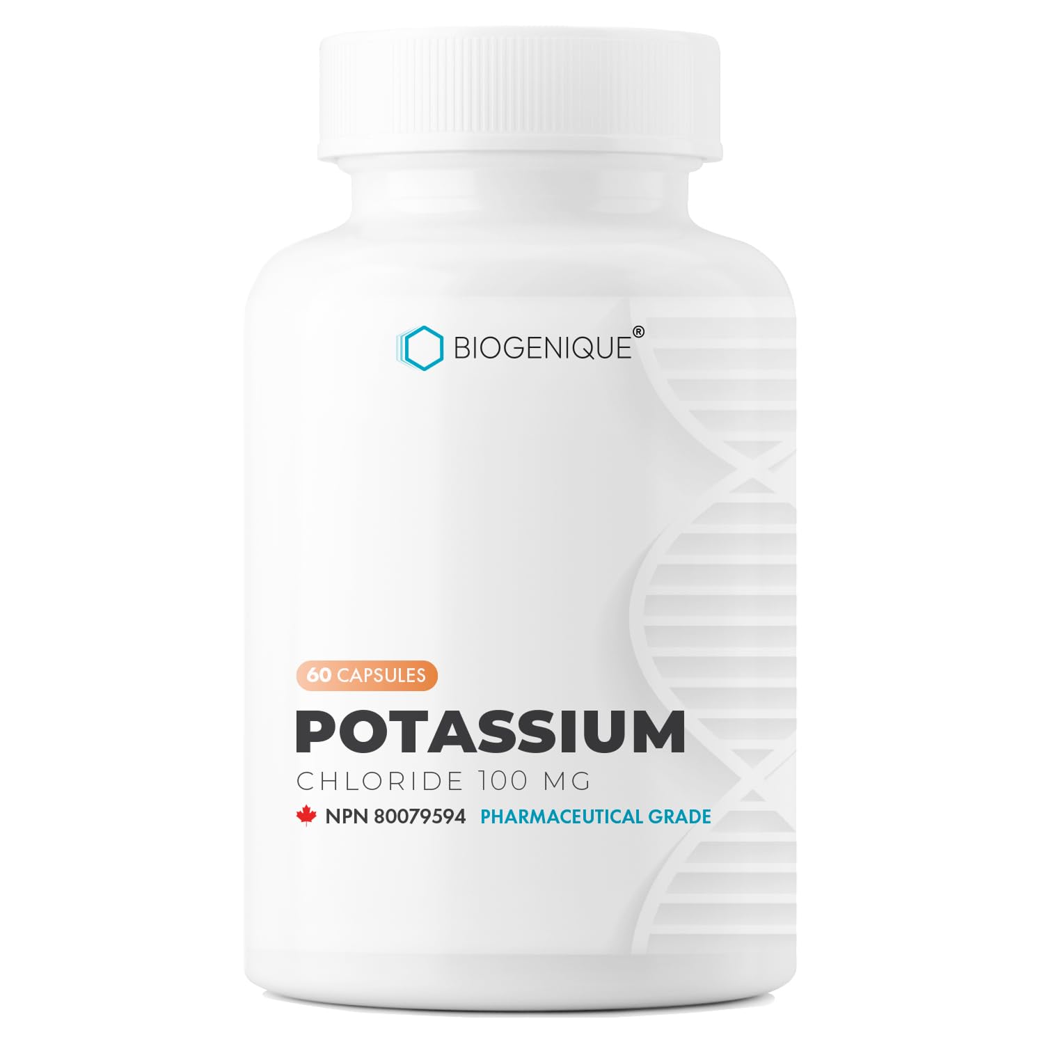 Biogenique Potassium Chloride - 60 Capsules Potassium 100MG - Healthy Muscle Function Heart Health & Electrolyte Balance - Made in Canada, Pharmaceutical Grade, Non-GMO