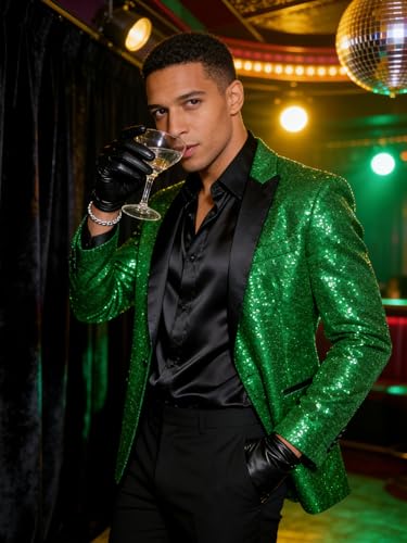 Image of Barry.Wang Mens Sequins Blazer Sparkle Dress Suit Jacket Cocktails Shiny Metallic Disco Dance Party Tuxedo Homecoming