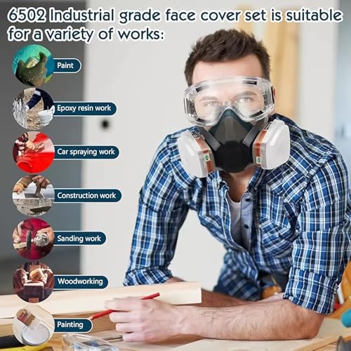 Sosvulix Halb Gesicht Staubmaske Set Filter für Dämpfe, Sand, Asbest, Gas, Säure und Ammoniak mit Schutzbrille, Partikelschutzfiltern Lackierer Masken und mehr (Mehrfarbige + 10 Filterwatte+2097)