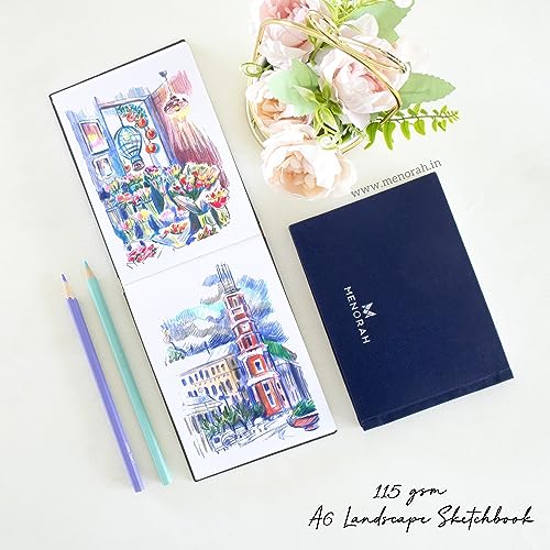 Image of MENORAH Paper - Artist Sketch Book- A6-115 GSM (160 Pages / 80 Sheets) Drawing Notebook, Watercolor- Hard Bound Book- (10.5 Cm X 14.8 Cm)- Completely Handmade- Landscape-Dark Blue