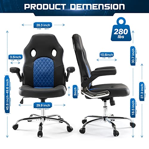 Image of Gaming Office Chair - Ergonomic Executive Swivel Computer Desk Chair, High Back Adjustable Task Chair with Flip-up Armrests and Lumbar Support for Working, Studying, Gaming
