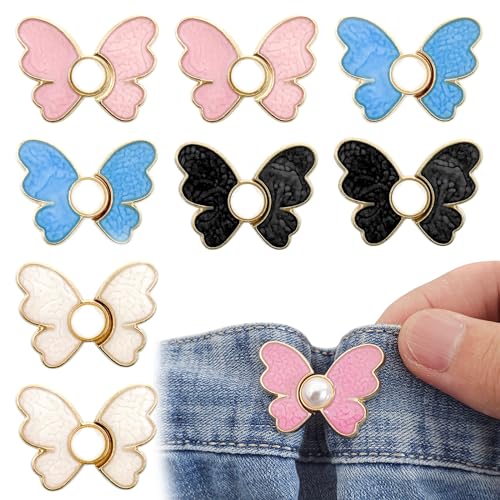 8 Pairs Cute Butterfly Jean Buttons Pins No Sewing Adjustable Button Pins Detachable Waist Body Fit Tighten Tools for Women and Girl Pant Jeans