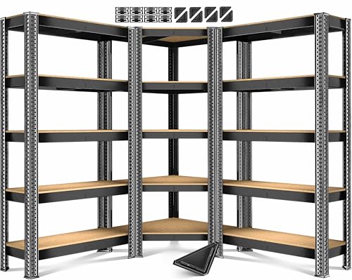 MASKO® Jeu de 3 Étagères en Métal - 1 Étagère d'Angle & 2 de Stockage | 15 Plaques MDF | Capacité 2625 kg | Étagère d'Atelier - Noir