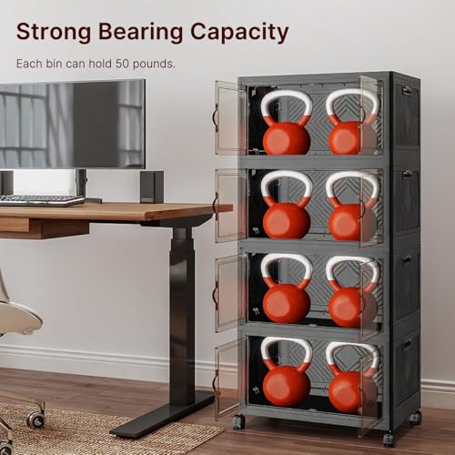 Image of UAMFURI Stackable Storage Bins with Lids, 192QT Closet Organizers, Lockable Storage Cabinet,Foldable Storage Box with Doors and Wheels, Plastic Drawers for Home, Garage, Office (4, Black, Medium)