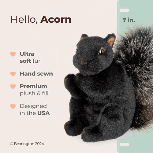 Image of Bearington Acorn Black Plush Squirrel Stuffed Animal - 7 inch Realistic Soft Squirrel Toy for Kids - Cuddly, Adorable Woodland Creature Gift for Stuffed Squirrels Lovers and Collectors