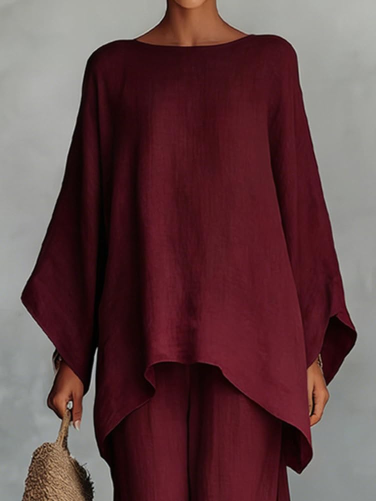 shownicer Ensemble Femme Coton et Lin 2 Pièces Chic et Elegant Tenue Manches Longues Tops Et Pantalon Ensembles en Lin Décontractée Ete Tenue