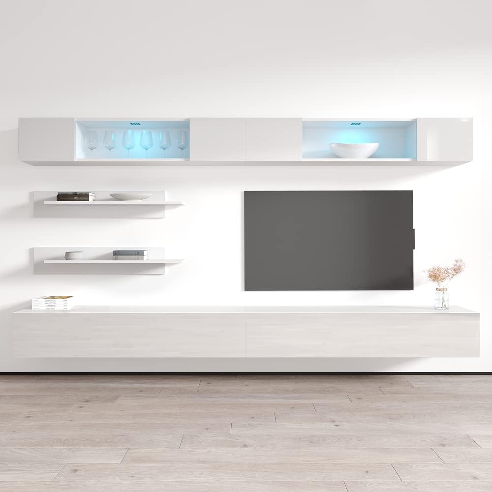 Meble Furniture Fly I3 30TV Stand - Wall-Mounted Entertainment Center Console for Bedroom & Living Room - Modern TV Floating Entertainment Center with Storage, Shelves, and LED Lights - White