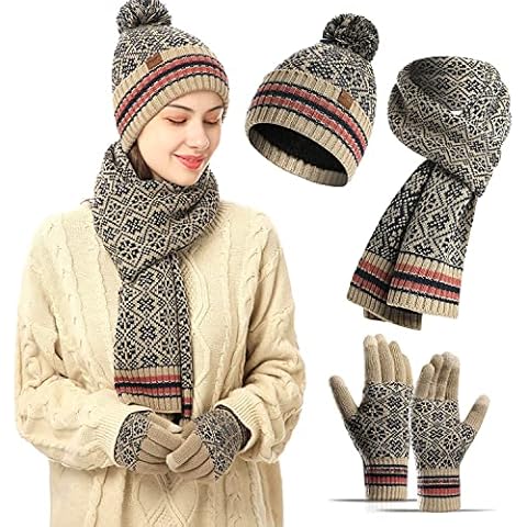 3 in 1 Winter Hats Scarf Set for Women and Men with Touch Screen Glove Thickened Lining Knit Beanie Hat Scarves Gloves Set, Khaki, Medium Cover