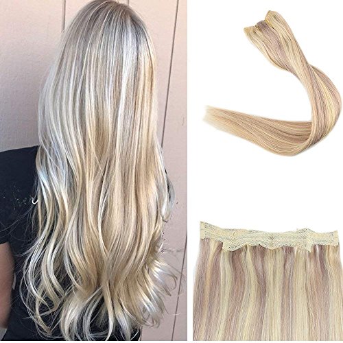 [Promotion]Full Shine Hair 14 inch Color #18 Ash Blonde Highlighted #613 Blonde 70g Per Set Fish Line Hair No Clips No Glue Hairpiece Invisible Fish Wire Remy Human Hair